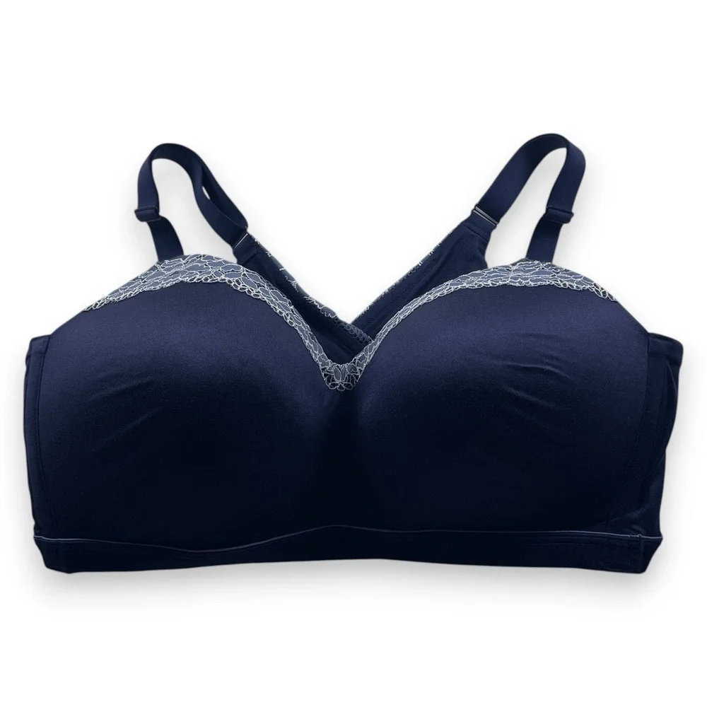 Cacique Navy Blue Lightly Lined Lounge Bra Lace Trim Wireless 48DDD 576575